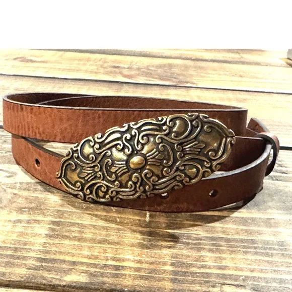 Women's Brown Leather Belt with Ornate Gold-Tone Decorative Buckle - Picture 5 of 12